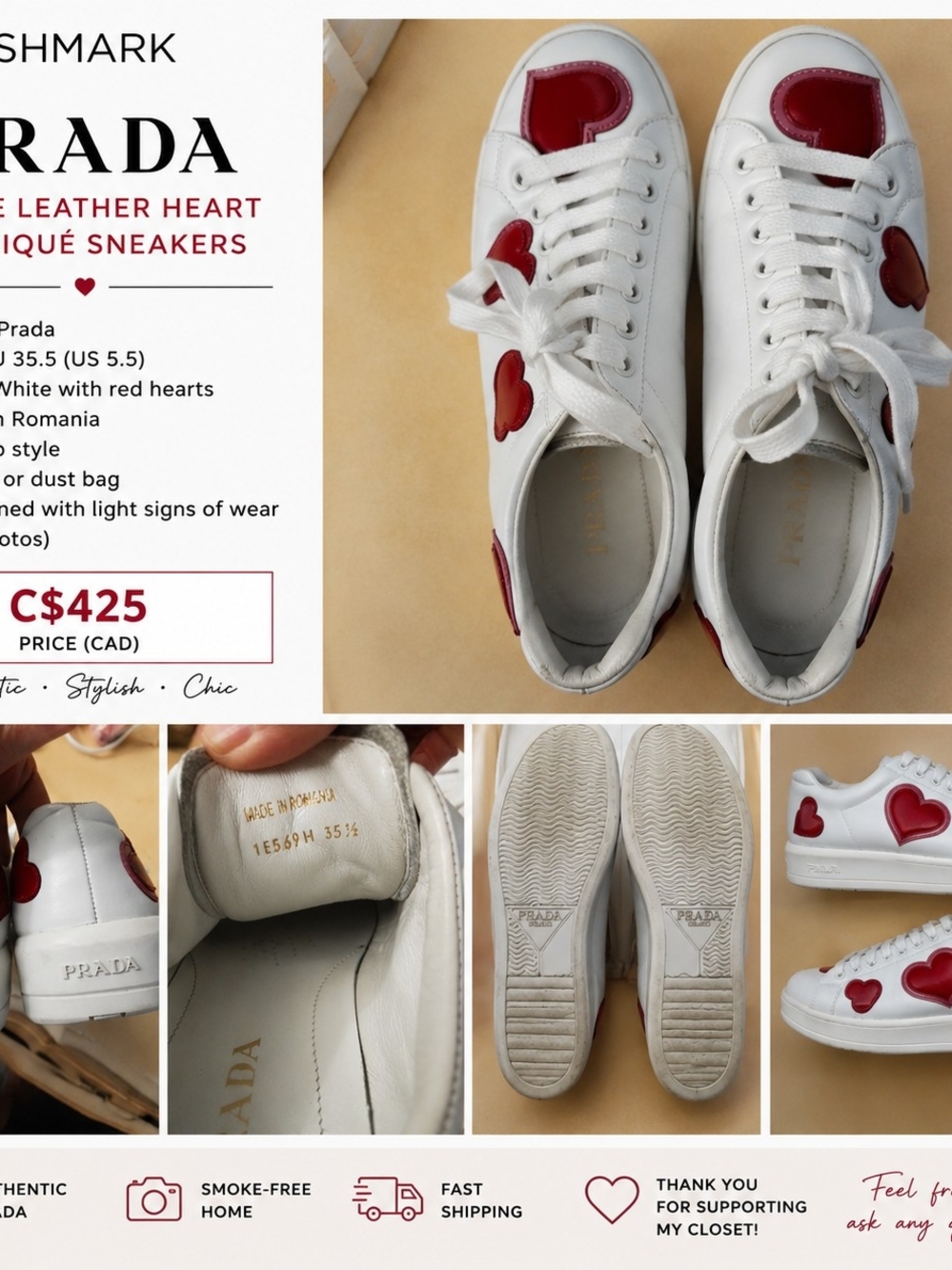 Prada White Leather Low-Top Sneakers with Red Heart Accents
